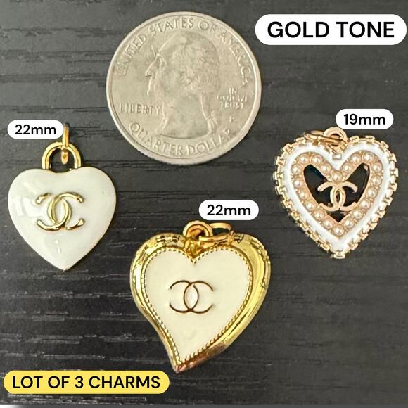 Lot of 3 White CC Heart Gold Tone Zipper Pull Button Charms - Picture 1 of 2